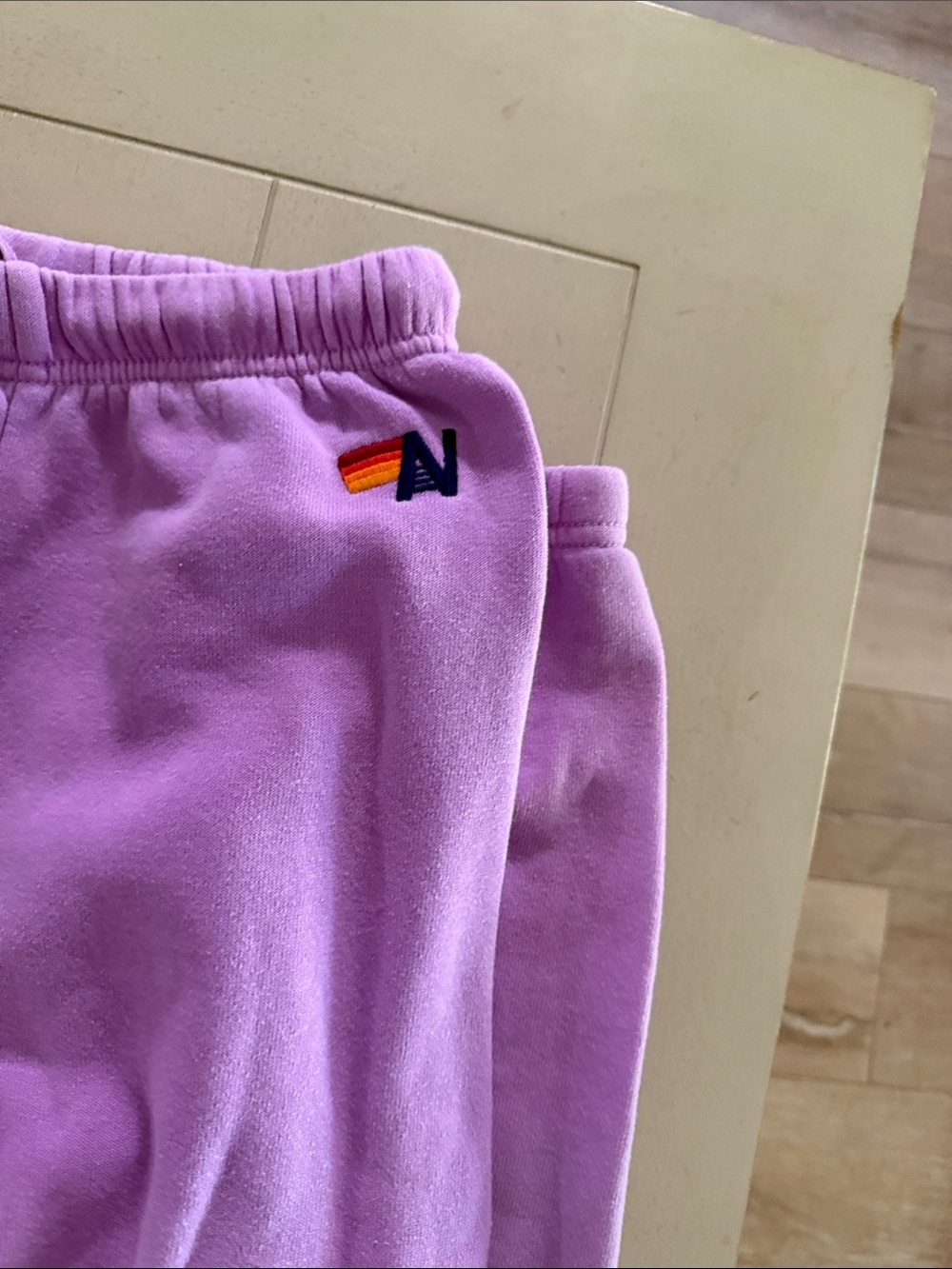 Aviator Nation Lavender Sweatpants with Rainbow Logo* stained - Picture 3 of 8